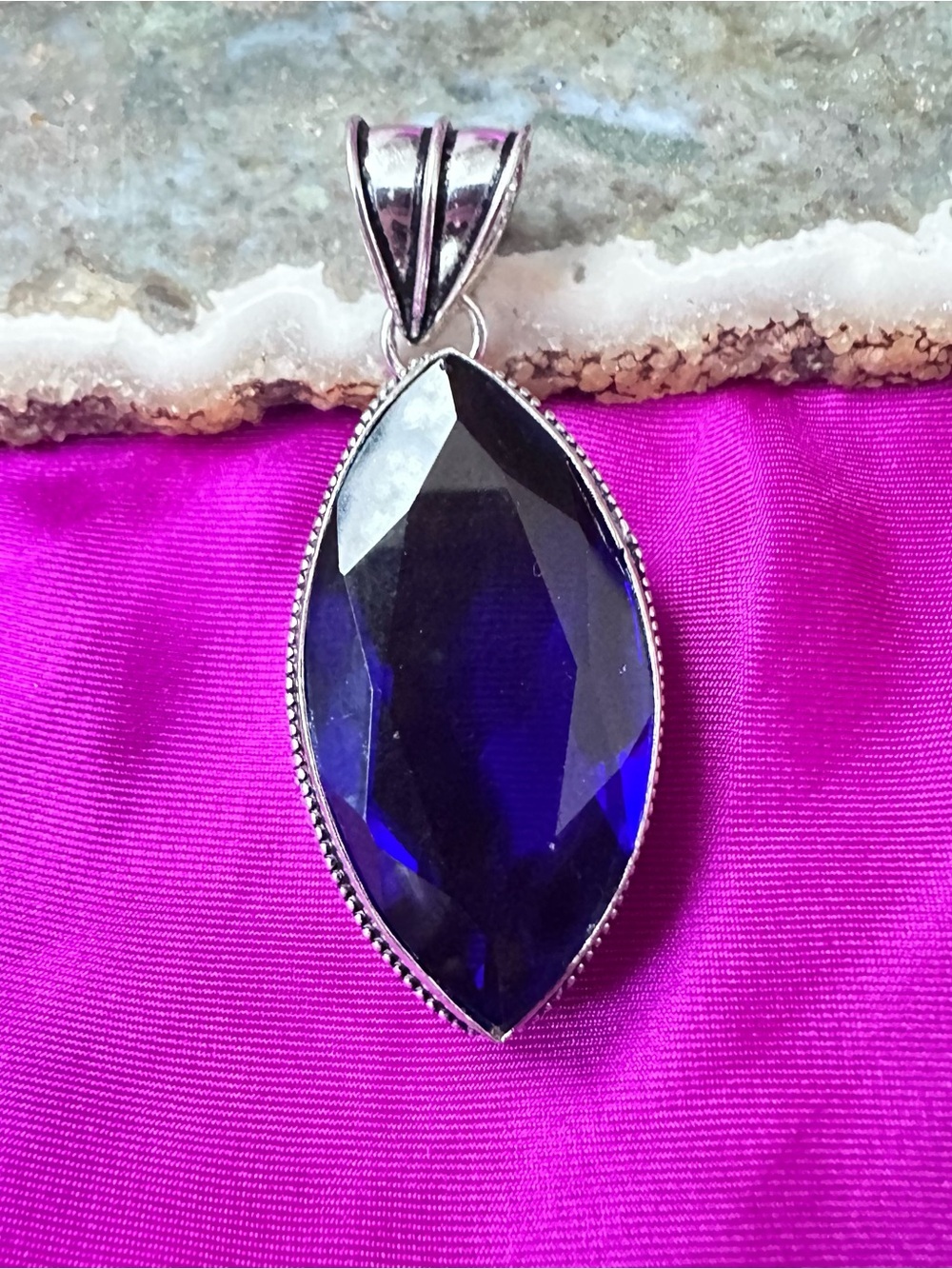 Artisan Silver Necklace ANDARA BLUE CRYSTAL Deep Cobalt Marquise Stone